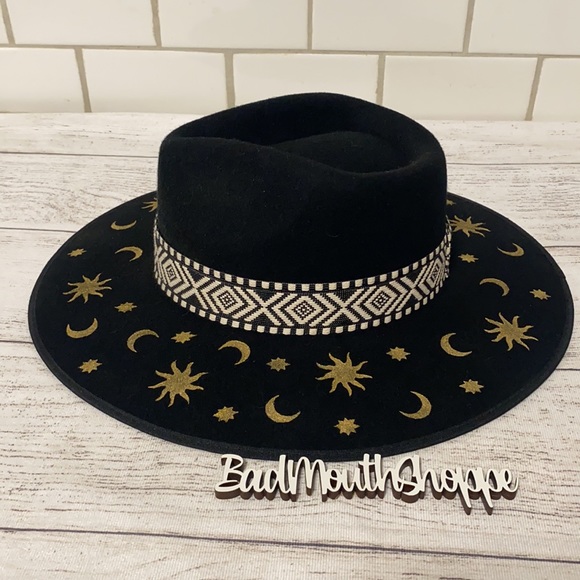 *Luna Bloom SAROS Black Gold Sun Moon 90s Vibes Hand Painted Wide Brim Hat - Picture 4 of 7